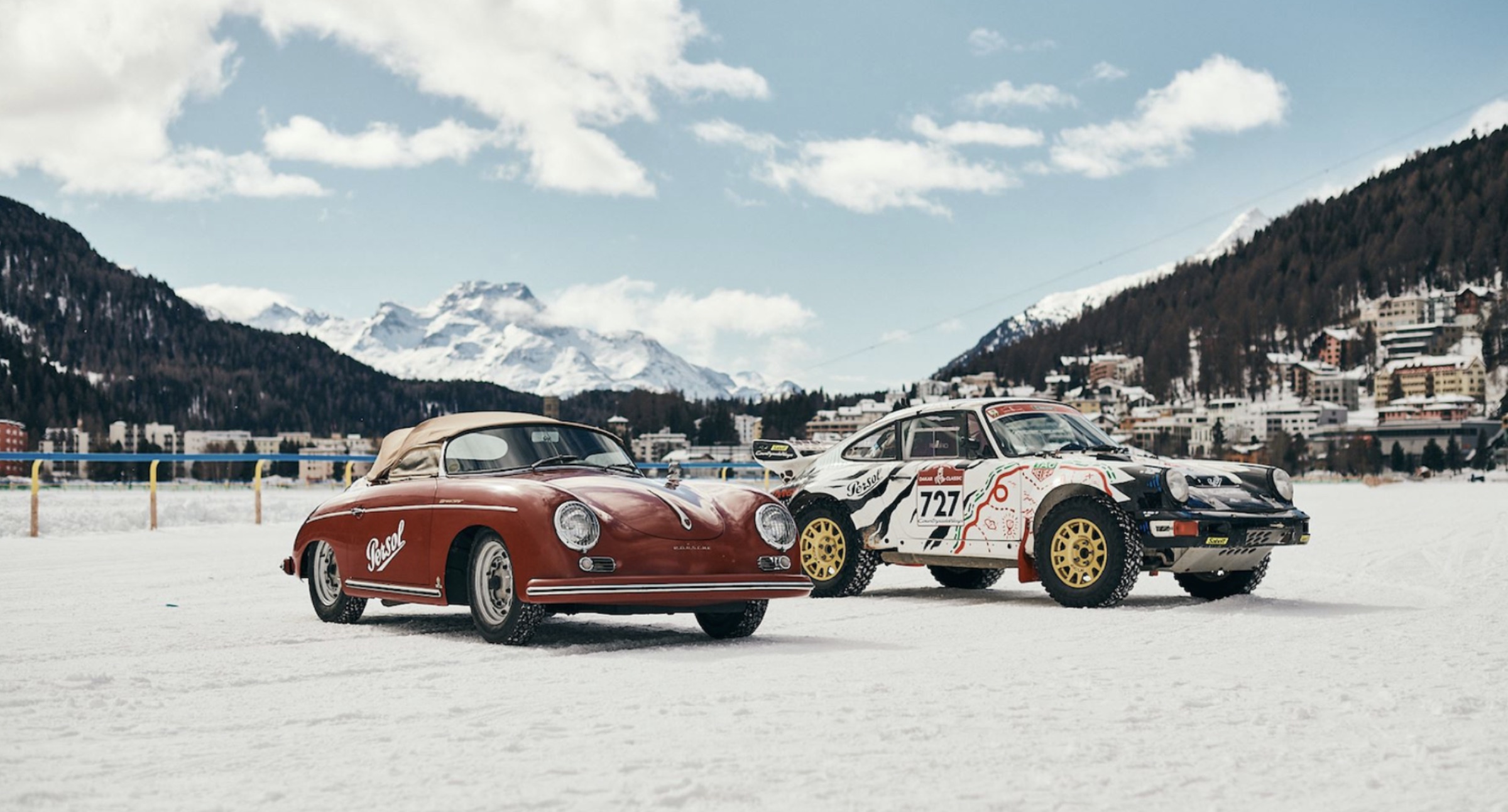 A Persol 356 Speedster and a Dakar 911 on the ice at St Moritz